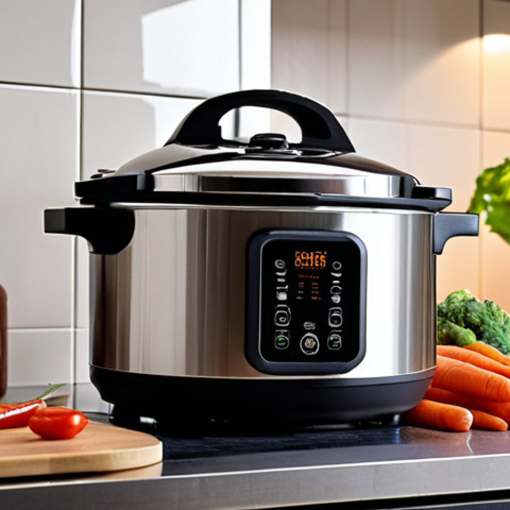 **

A modern kitchen scene with a pressure cooker on a sleek induction stovetop. Steam is subtly visible, indicating active cooking. Beside it, a cookbook lies open, and fresh vegetables are arranged artfully. The overall lighting is warm and inviting, highlighting the efficiency and healthiness of pressure cooking. The style is clean and contemporary, targeting a modern Arabic audience.

**