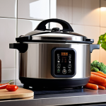 **

A modern kitchen scene with a pressure cooker on a sleek induction stovetop. Steam is subtly visible, indicating active cooking. Beside it, a cookbook lies open, and fresh vegetables are arranged artfully. The overall lighting is warm and inviting, highlighting the efficiency and healthiness of pressure cooking. The style is clean and contemporary, targeting a modern Arabic audience.

**