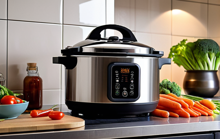 **
A modern kitchen scene with a pressure cooker on a sleek induction stovetop. Steam is subtly visible, indicating active cooking. Beside it, a cookbook lies open, and fresh vegetables are arranged artfully. The overall lighting is warm and inviting, highlighting the efficiency and healthiness of pressure cooking. The style is clean and contemporary, targeting a modern Arabic audience.
**