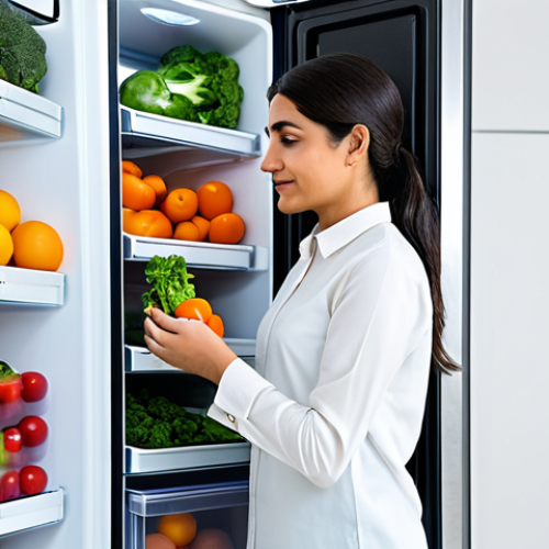 A professional Arab woman, mid-30s, fully clothed in a modest, smart casual outfit, thoughtfully organizing fresh, vibrant vegetables and fruits into clearly labeled, transparent containers inside a clean, modern, energy-efficient refrigerator. Her posture is natural and calm. The background is a bright, tidy kitchen with contemporary design elements, hinting at efficiency and sustainability, with ample natural light. High-resolution, professional photography, soft studio lighting. safe for work, appropriate content, fully clothed, modest clothing, family-friendly, perfect anatomy, correct proportions, natural pose, well-formed hands, proper finger count, natural body proportions.