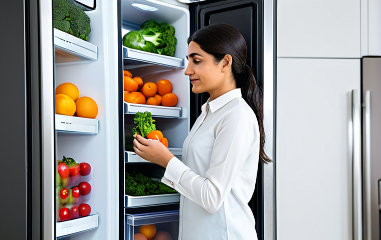 A professional Arab woman, mid-30s, fully clothed in a modest, smart casual outfit, thoughtfully organizing fresh, vibrant vegetables and fruits into clearly labeled, transparent containers inside a clean, modern, energy-efficient refrigerator. Her posture is natural and calm. The background is a bright, tidy kitchen with contemporary design elements, hinting at efficiency and sustainability, with ample natural light. High-resolution, professional photography, soft studio lighting. safe for work, appropriate content, fully clothed, modest clothing, family-friendly, perfect anatomy, correct proportions, natural pose, well-formed hands, proper finger count, natural body proportions.