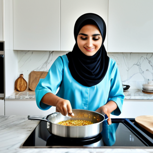 Modern Kitchen Scene**

"A bright, modern kitchen in Dubai, United Arab Emirates. A fully clothed woman wearing a stylish hijab and modest kitchen attire is preparing traditional Emirati food, like Machboos, on a state-of-the-art induction cooktop. Stainless steel appliances, marble countertops, and ample natural light. Family-friendly, safe for work, appropriate content, perfect anatomy, correct proportions, natural pose, well-formed hands, proper finger count, professional photography, high quality."

**