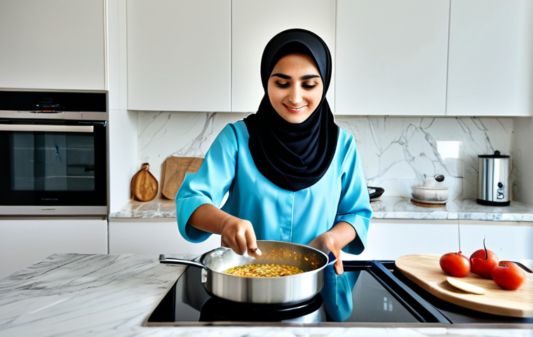 Modern Kitchen Scene**

"A bright, modern kitchen in Dubai, United Arab Emirates. A fully clothed woman wearing a stylish hijab and modest kitchen attire is preparing traditional Emirati food, like Machboos, on a state-of-the-art induction cooktop. Stainless steel appliances, marble countertops, and ample natural light. Family-friendly, safe for work, appropriate content, perfect anatomy, correct proportions, natural pose, well-formed hands, proper finger count, professional photography, high quality."

**