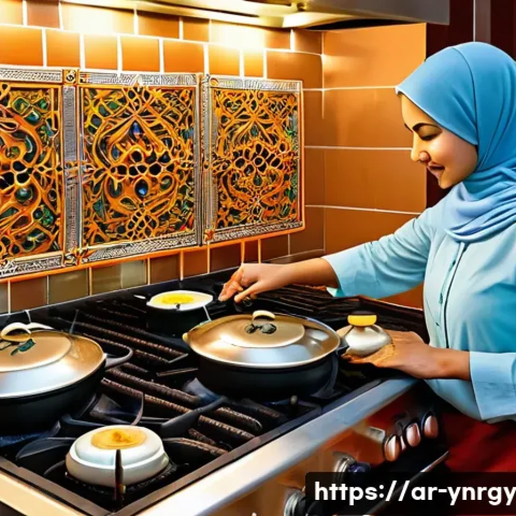 한 번에 여러 요리하는 에너지 절약 전략 - A modern Arabic kitchen scene showing a gas stove with multiple pots of varying sizes arranged smart...