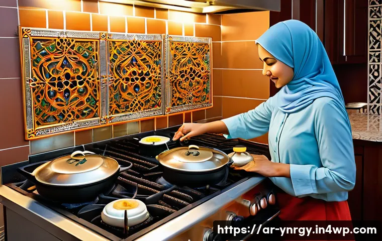 한 번에 여러 요리하는 에너지 절약 전략 - A modern Arabic kitchen scene showing a gas stove with multiple pots of varying sizes arranged smart...