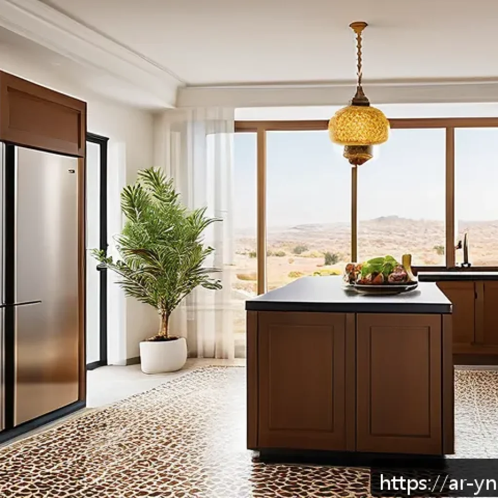 냉장고 사용 시 에너지 절약 팁 - A modern kitchen interior designed for an Arabic household, featuring a refrigerator placed away fro...