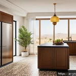 Home 19 냉장고 사용 시 에너지 절약 팁 - A modern kitchen interior designed for an Arabic household, featuring a refrigerator placed away fro...