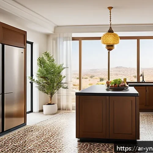 Home 31 냉장고 사용 시 에너지 절약 팁 - A modern kitchen interior designed for an Arabic household, featuring a refrigerator placed away fro...