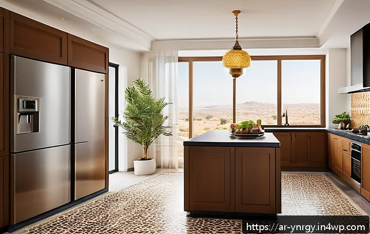 냉장고 사용 시 에너지 절약 팁 - A modern kitchen interior designed for an Arabic household, featuring a refrigerator placed away fro...