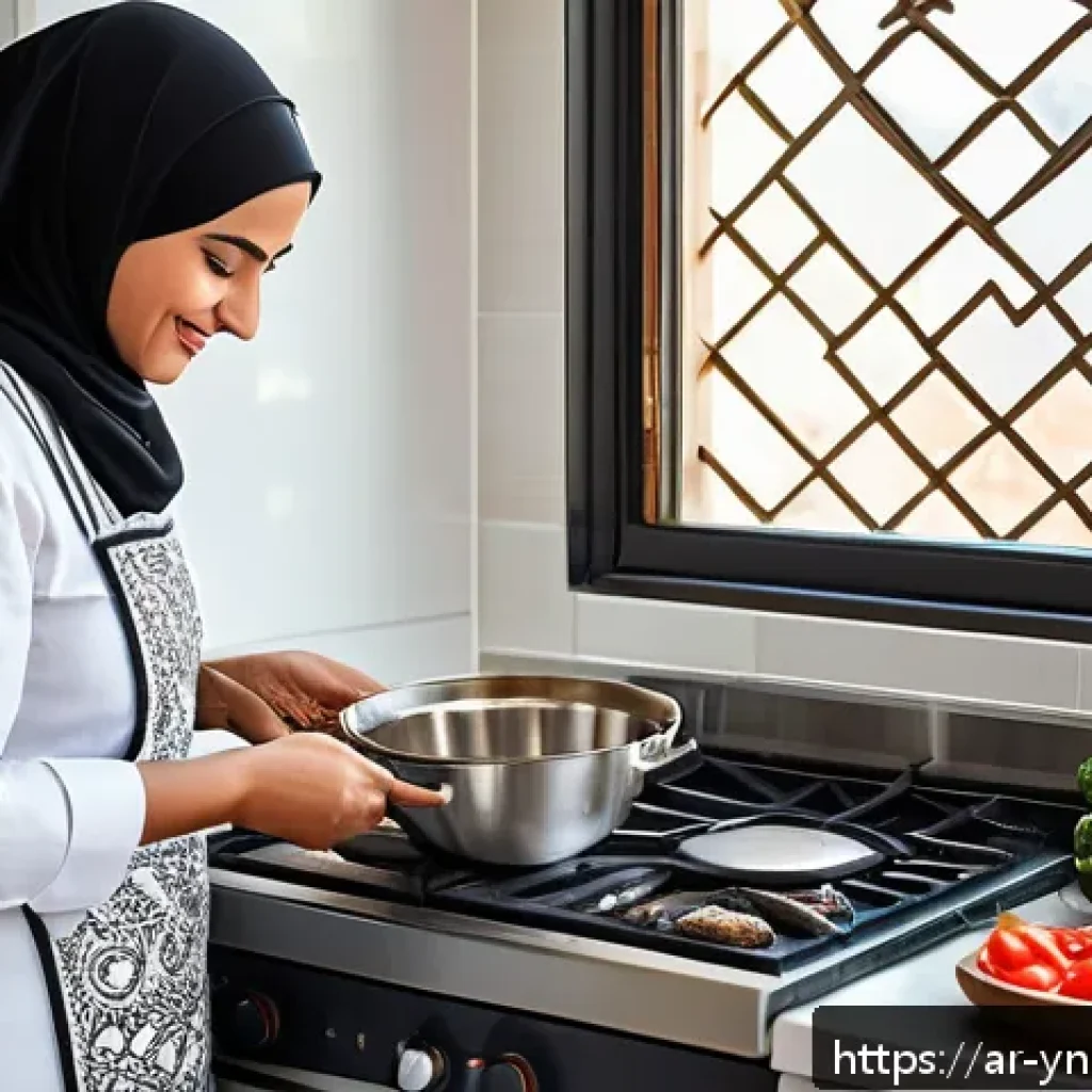 에너지 절약을 위한 조리 시간 최적화 - A modern Middle Eastern kitchen scene showcasing an Arabic woman wearing modest clothing and a kitch...