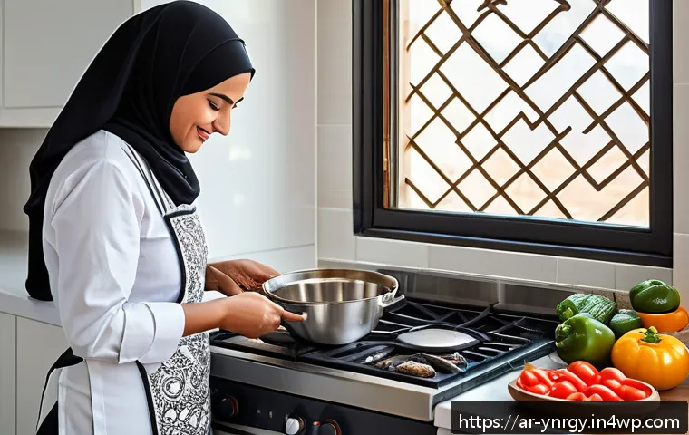 에너지 절약을 위한 조리 시간 최적화 - A modern Middle Eastern kitchen scene showcasing an Arabic woman wearing modest clothing and a kitch...