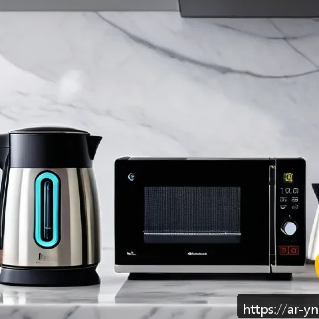 에너지 절약을 위한 조리법 실험 - A modern Arabic kitchen scene focused on energy-efficient appliances: a sleek electric kettle with a...