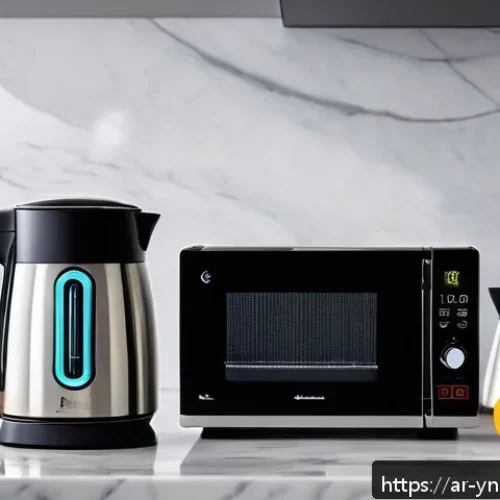 Home 16 에너지 절약을 위한 조리법 실험 - A modern Arabic kitchen scene focused on energy-efficient appliances: a sleek electric kettle with a...