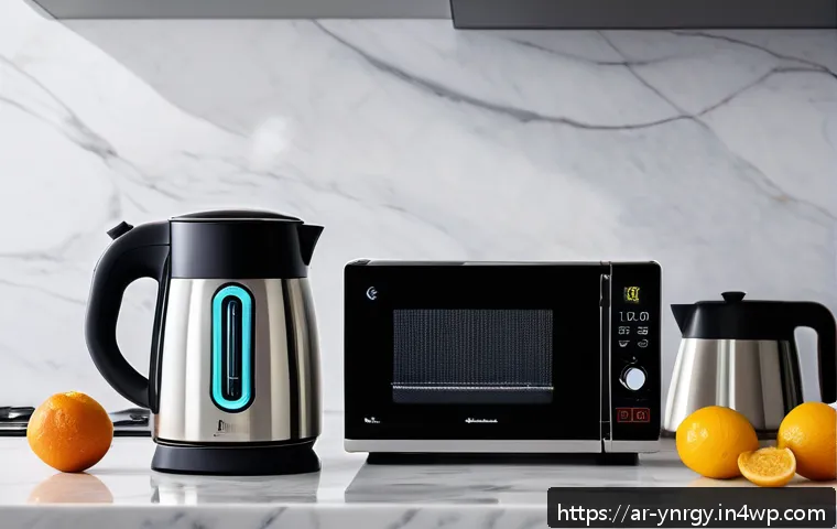 에너지 절약을 위한 조리법 실험 - A modern Arabic kitchen scene focused on energy-efficient appliances: a sleek electric kettle with a...