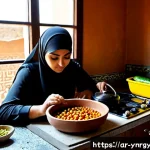 Home 22 건강한 에너지 절약 요리법 - Photorealistic sunlit Arab family kitchen, a modestly dressed woman preparing a healthy chickpea and...