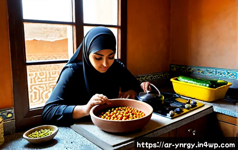 건강한 에너지 절약 요리법 - Photorealistic sunlit Arab family kitchen, a modestly dressed woman preparing a healthy chickpea and...