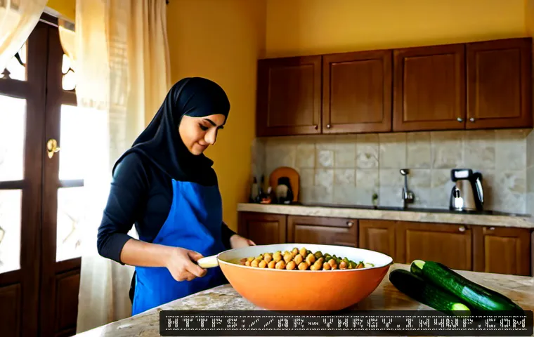 Home 16 계절별 에너지 절약 요리법 - Photorealistic bright summer kitchen in an Arab family home, a woman in modest casual clothing prepa...
