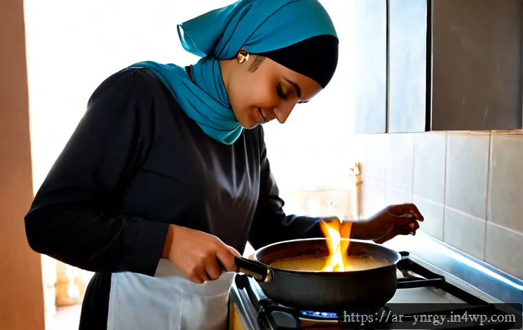 에너지 절약을 위한 요리법 FAQ - Photorealistic energy-saving home cooking scene in a modern Arab family kitchen, a woman in modest l...